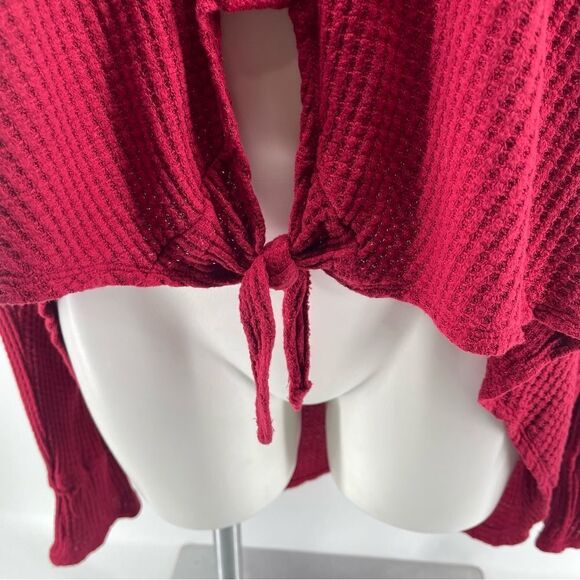 Knox Rose Red Long Sleeve Waffle Knit Tie Hem Button Front Lace Panel Top 2X - Picture 5 of 14